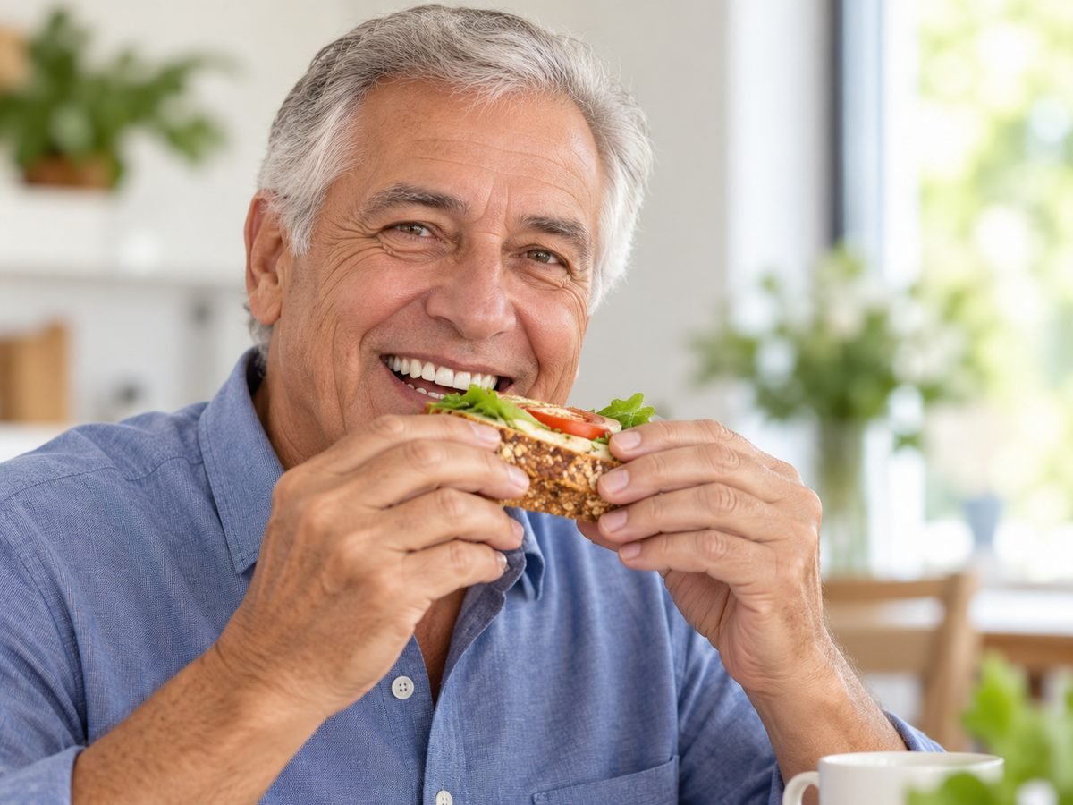Paciente sorrindo e se alimentando com naturalidade após reabilitação com Prótese Protocolo